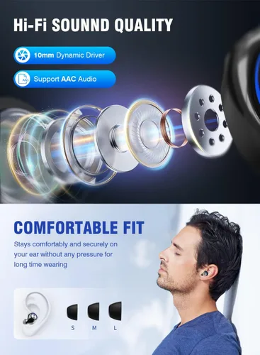 Vista 4 de Auriculares inalámbricos de 200 horas de reproducción Bluetooth, IPX7 impermeable, con cancelación de ruido, pantalla LED de alimentación con funda