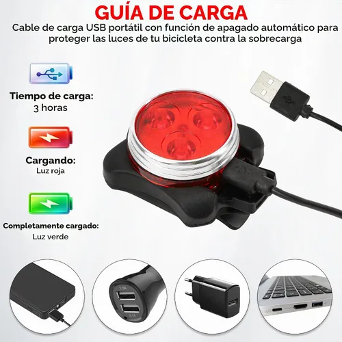 Vista 3 de Juego de 4 luces de bicicleta recargables por USB, impermeables, faros delanteros y traseros LED y luces traseras para bicicleta de montaña, 4 modos