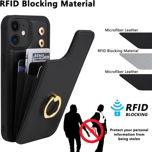 Vista 5 de Funda compatible con iPhone 11 con tarjetero y soporte para tarjetas, soporte de anillo de dedo de rotación de 360º, función atril, protección RFID