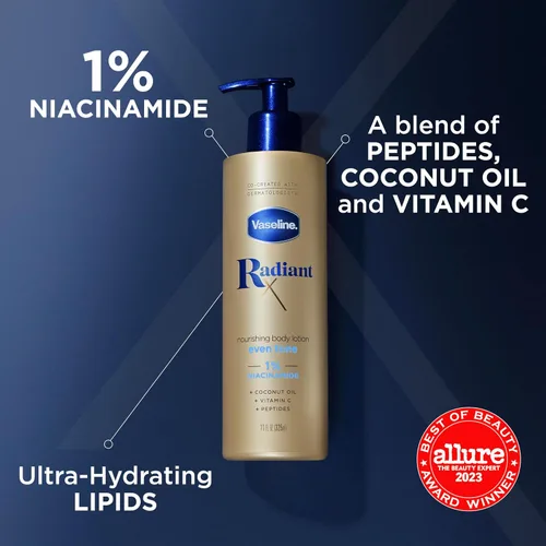 Vista 4 de Vaseline Radiant X Even Tone Loción corporal nutritiva con 1% de niacinamida, aceite de coco, vitamina C y péptidos, 11 onzas