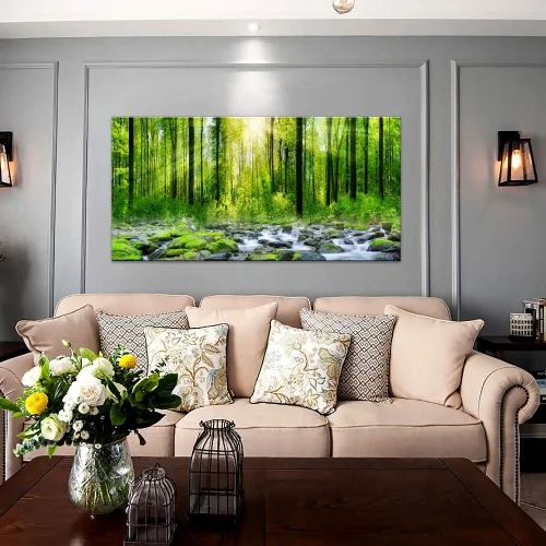 Vista 2 de Tucai Decor Lienzo decorativo para decoración de la mañana amanecer árboles verdes paisaje, sol sobre bosque, fotografía impresa en lienzo