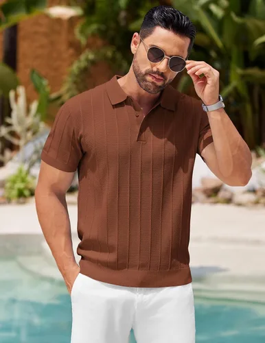 Vista 135 de COOFANDY Camisas polo de punto para hombre de manga corta con textura acanalada Camisas de golf casuales y ligeras con cuello Camiseta de polo