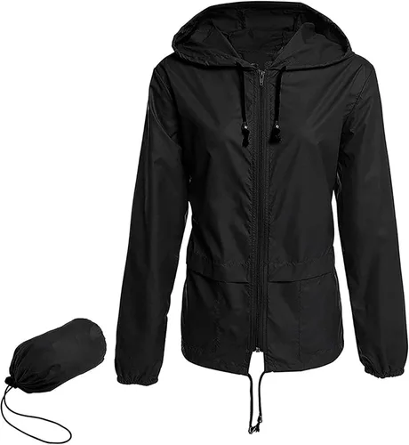 Vista 3 de Century Star Chubasqueros ligeros para mujer, chaqueta rompevientos impermeable para mujer, abrigo impermeable plegable con capucha