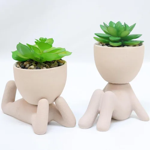 Vista 10 de Zerzsy 3 plantas suculentas artificiales con macetas creativas de cerámica en forma de humano, mini plantas en maceta, plantas falsas de baño Negro