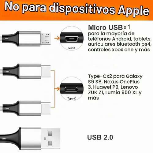 Vista 2 de Cable de carga múltiple, paquete de 2 cables trenzados USB 3 en 1