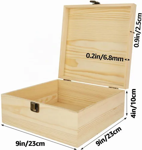 Vista 2 de DAJAVE Caja de madera sin terminar, caja de almacenamiento de madera con tapa con bisagras, caja de madera de pino de 9 x 9 x 4 pulgadas, cajas