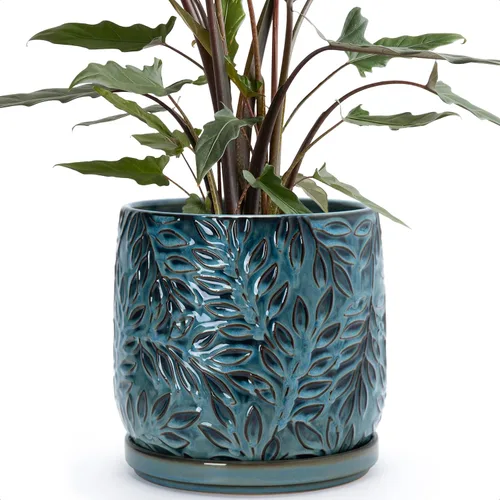 Vista 16 de D'vine Dev Maceta de gres con hojas en relieve de 4 pulgadas con orificio de drenaje y platillo, azul grafito, 27-A-Z-9 Nature-Inspired Leaf