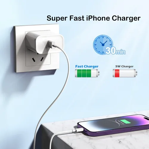 Vista 2 de Cargador rápido para iPhone, cargador de iPhone de 10 pies, bloque de carga súper rápida con cable USB C a Lightning de 10 pies tipo C, enchufe