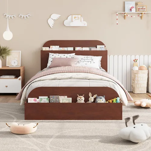 Vista 3 de Estructura de cama Garvee tamaño individual con cabecero y estribo – Cama de plataforma baja para niños, diseño de piso doble de madera, sin ruido