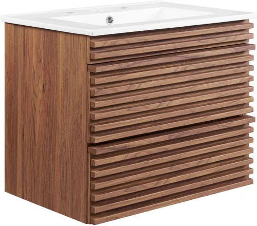Vista 2 de Modway Render - Tocador de baño de pared de 24 pulgadas, color blanco nogal