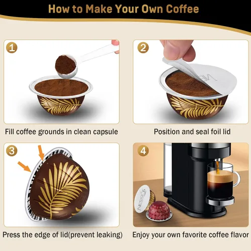 Vista 6 de NESSUS Tapas de papel de aluminio para cápsulas Nespresso reutilizables Vertuo, sellos de aluminio para rellenar cápsulas de Vertuoline, cápsulas