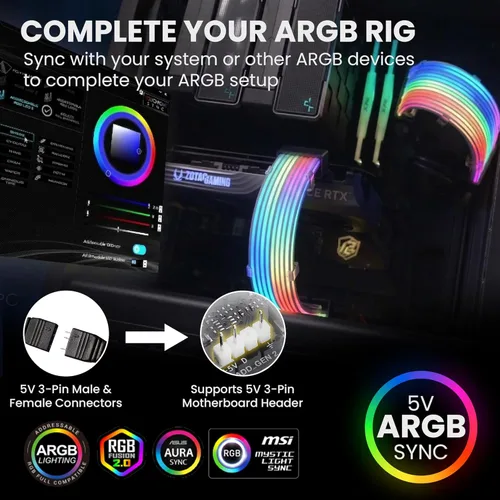 Vista 6 de TECWARE Kit de cubierta de cable RGB Flex Compatible con placa base de 24 pines y GPU de 8 pines/16 pines Extensión de cable PSU ARGB