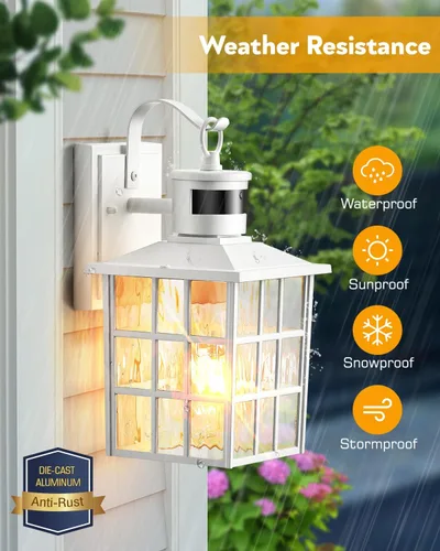 Vista 6 de VIANIS Luces de pared al aire libre con sensor de movimiento, luces de pared blancas del atardecer al amanecer, accesorio de luz exterior, linterna