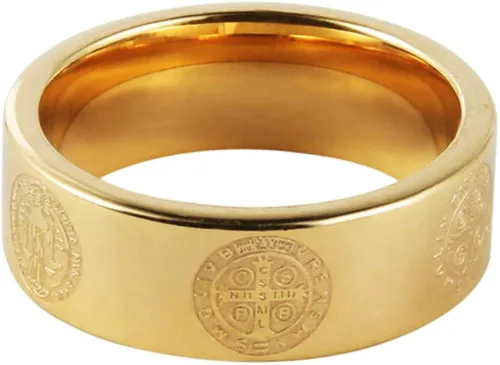 Vista 2 de HZMAN Anillo de exorcismo de San Benito para hombre, de acero inoxidable, cruz católica, romana, protección de demonios, cazador de fantasmas, oro