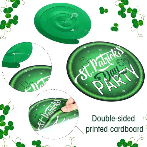 Vista 4 de 30 piezas de decoración colgante del día de San Patricio, trébol irlandés de la suerte, trébol, duende, herradura, letrero de papel de aluminio