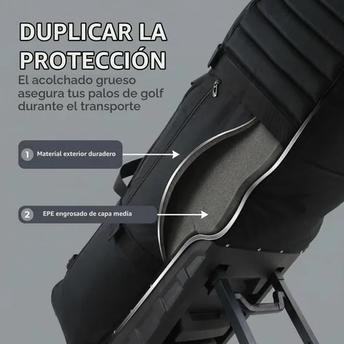 Vista 6 de Bolsa de viaje de golf con ruedas con soporte, ajustable de 2 o 4 ruedas, protección acolchada gruesa, funda de viaje con asas, con cremallera