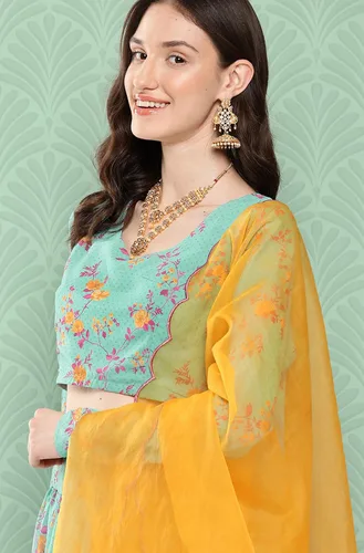 Vista 6 de Janasya Mujer Sky Blue Georgette Digital Floral Impreso Lehenga Choli Con Dupatta