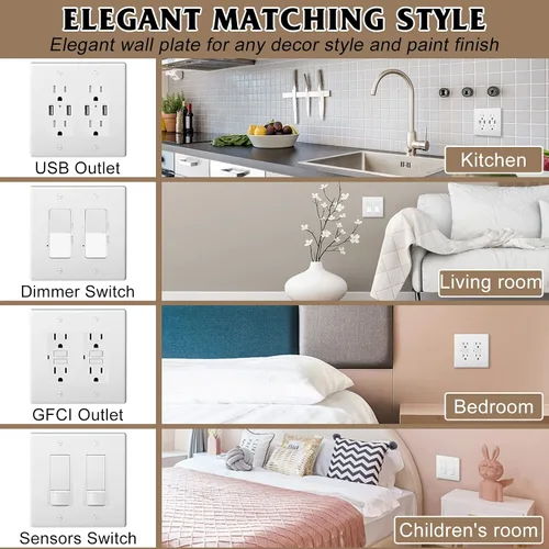 Vista 4 de Placas decorativas de pared de 2 segmentos para interruptores de luz, interruptor inteligente, atenuadores, GFCI, receptáculo, salida USB