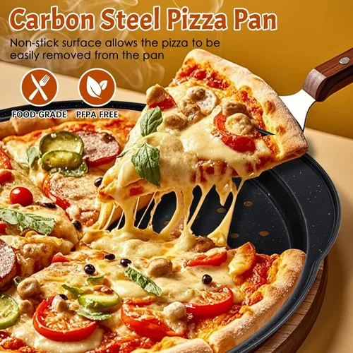 Vista 4 de hunnycook 2P sartenes para pizza antiadherentes - Bandeja redonda de pizza de 12" con agujeros y asa, sartén de pizza de acero al carbono
