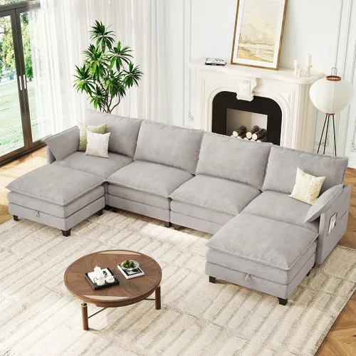 Vista 10 de Sofá modular moderno en forma de L de 106 pulgadas, sofá nube de felpilla con otomana de almacenamiento, sofás de asiento profundo con bolsillo Verde