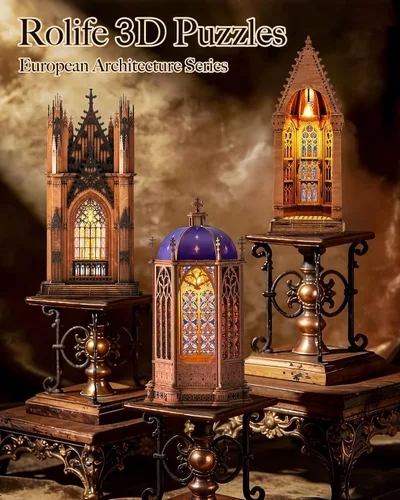 Vista 7 de Rolife Rompecabezas de madera 3D, modelo de arquitectura de catedral de geometría con luces LED, kit de construcción de manualidades para adultos