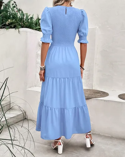 Vista 9 de BTFBM Vestidos para mujer, cuello redondo, casual, de verano, con volantes, manga corta, bohemio, con niveles, fruncido, largo, con estampado floral