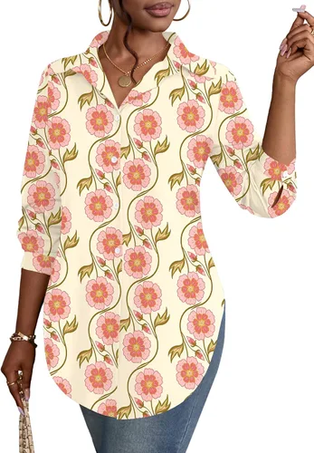 Vista 8 de Rooscier Blusa larga con cuello en V para mujer, manga larga, abertura lateral, con botones