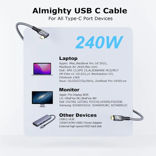 Vista 7 de Cable USB C 3.2 Gen2x2 de 20 Gbps, 90 grados USB C 4K @60Hz UHD Video 5A/240W PD3.1 Cable de carga rápida con E-Marker compatible con Thunderbolt 3/4
