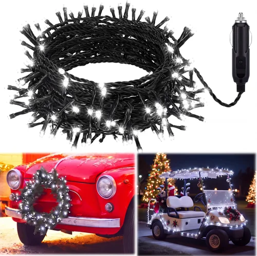Vista 22 de Aurelema Guirnalda de luces LED de Navidad de 12 V, 33 pies, 100 luces LED para coche, decoraciones para carrito de golf, cadena de luz amarilla