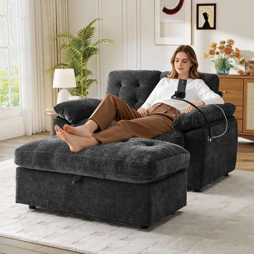 Vista 15 de Chaise Lounge Chair para interiores con puerto USB y soporte para teléfono, sillón reclinable pequeño de felpilla con otomana de almacenamiento