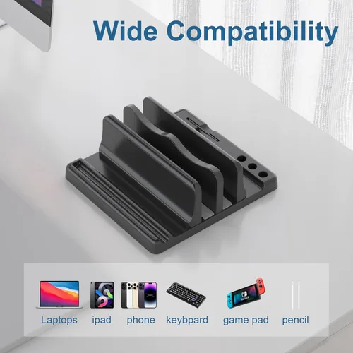 Vista 3 de Soporte vertical para laptop, soporte vertical de plástico ABS ajustable para laptop, ahorro de espacio 4 en 1, compatible con todos los MacBook Pro