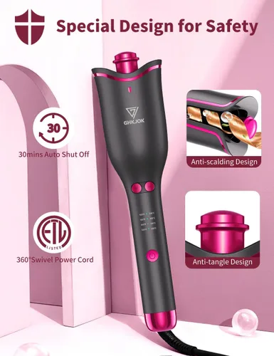 Vista 7 de Rizador automático para mujer, rizador automático giratorio de cabello largo, barril de cerámica de 1 pulgada, 4 temperaturas y 3 temporizadores