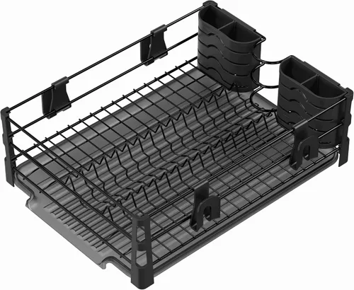 Vista 4 de SIMPLE HOUSEWARE Escurridor de platos con escurridor, soporte para utensilios y ganchos para tazas, organizador de mostrador de cocina de metal negro