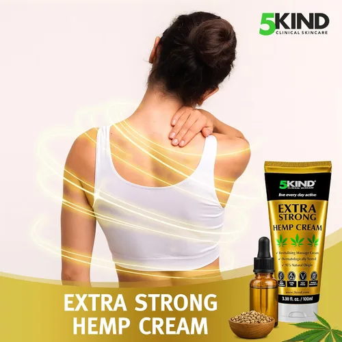 Vista 2 de 5kind Crema de cáñamo extra fuerte, 3.4 onzas líquidas, máxima fuerza, crema tópica natural, masaje muscular para espalda baja, articulaciones