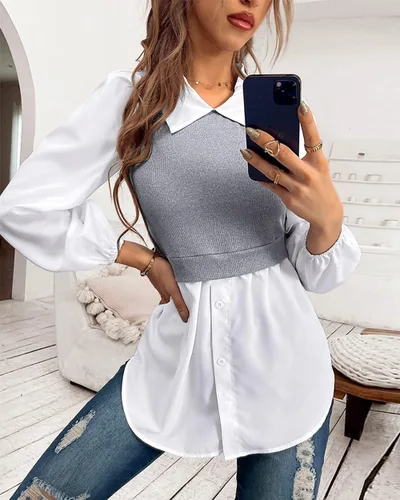 Vista 4 de YOXUA Camisa de manga larga con botones para mujer, cuello 2 en 1, estilo acanalado, péplum