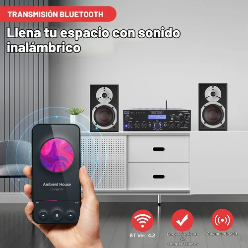 Vista 4 de Amplificador estéreo con Bluetooth de primera calidad, receptor amplificador compacto de 200 W con control remoto, antena FM y puerto USB / AUX