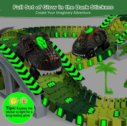 Vista 3 de Juguetes de dinosaurio para niños de 3 a 5 años, juego de pista de tren flexible que brilla en la oscuridad, 2 autos de dinosaurio para niños