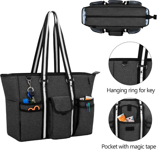 Vista 6 de CURMIO Bolsas y bolsas para profesores para mujer, bolsa de trabajo grande con funda para laptop para oficina, color negro