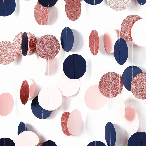 Vista 5 de Banderín de papel azul marino, rosa y oro rosa, paquete de 2 banderines de triángulo con purpurina, 52 pies de revelación de género colgante