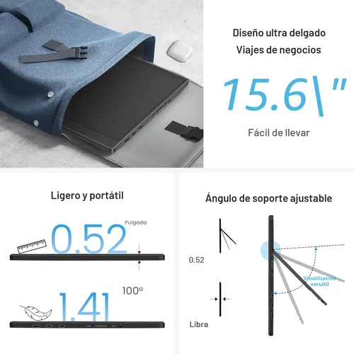Vista 6 de UFYQL Monitor portátil de 15.6 pulgadas FHD 1080P Monitor externo de viaje, monitor HDR IPS para juegos con soporte y altavoces, montaje VESA, USB-C