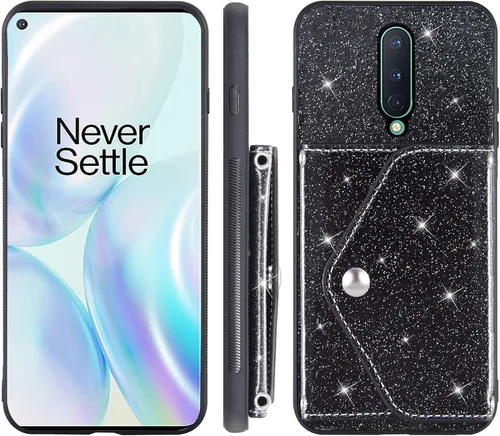 Vista 7 de Asuwish Funda para teléfono OnePlus 8 OnePlus8 5G UW Tmobile con protector de pantalla y correa cruzada, cordón para tarjetas con purpurina Negro