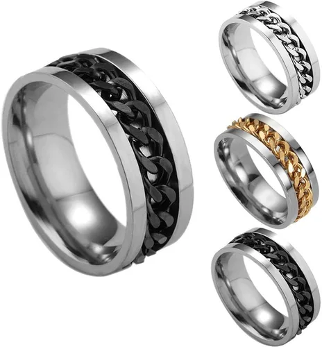 Vista 2 de Anillo de acero de titanio para hombre, alianza con borde y centro giratorio