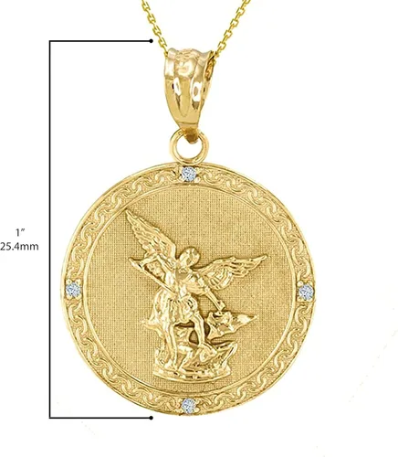 Vista 4 de Collar con medalla de diamantes San Miguel el Arcángel de oro de 14 k (1.0in)