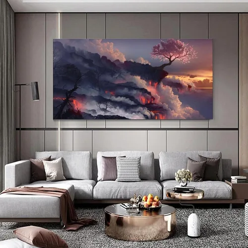 Vista 5 de Póster de paisaje de anime, flor de cerezo, arte de pared de fantasía natural, decoración del hogar, pintura en lienzo, póster de pared