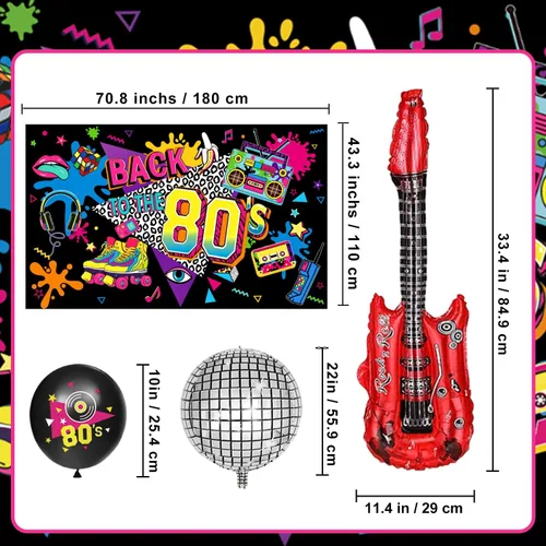 Vista 3 de Las decoraciones de fiesta de los años 80 incluyen telón de fondo, pancarta, espirales colgantes, globos de aluminio y látex, adornos para pasteles