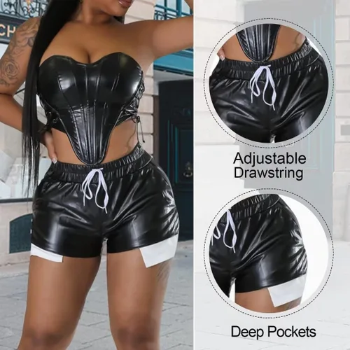 Vista 5 de Pantalones cortos sexys de piel sintética para mujer, cintura alta, bolsillos profundos, pantalones cortos ajustados con cordón para fiesta, club