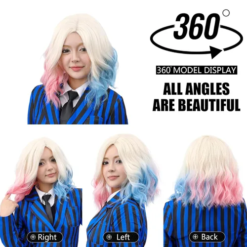 Vista 5 de Peluca ondulada corta rosa y azul para disfraz de Halloween para mujer
