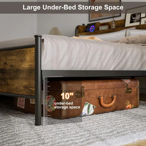 Vista 11 de IKIFLY Base de cama tamaño King con cabecera de estante de almacenamiento y Marrón rústico