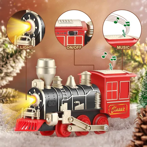 Vista 3 de Juego de tren eléctrico clásico para niños de 3 a 8 años con luces y sonidos, tren de juguete a pilas con locomotora, autos y pistas, ferrocarril