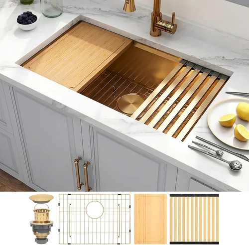 Vista 21 de Fregadero de barra dorada de 13 x 15 pulgadas, fregaderos de cocina dorados de acero inoxidable SUS304 de calibre 16 con accesorios, fregadero